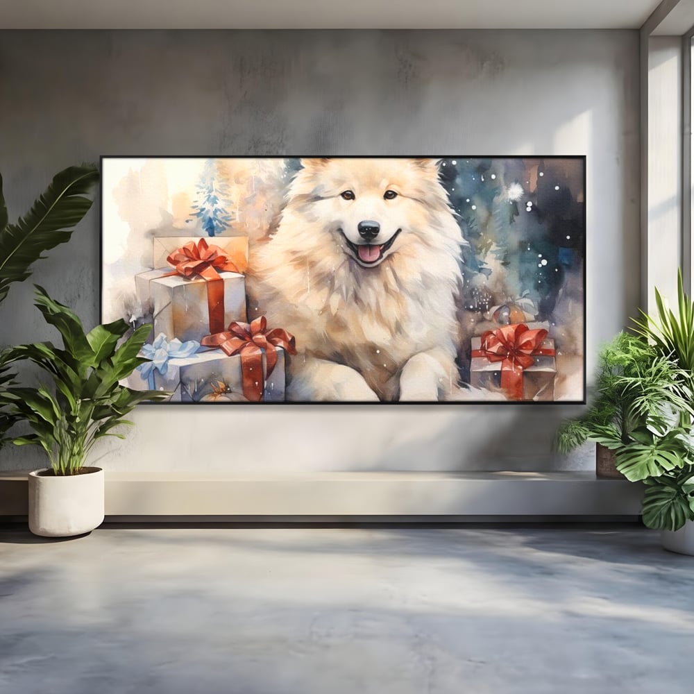 Tablou canvas cu tablou cu caine samoyed si cadouri de craciun, in rama de aluminiu negru